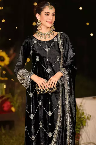 black velvet embroidered dress material