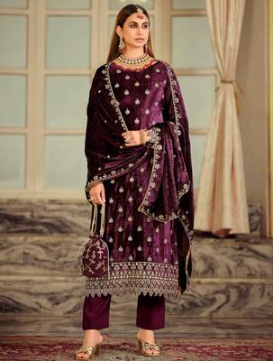  burgundy velvet embroidered dress material 1