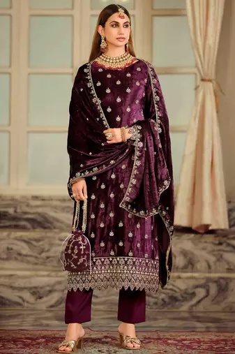 Stylee lifestyle burgundy velvet embroidered dress material