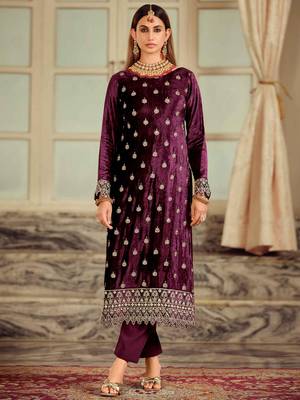 burgundy velvet embroidered dress material 2