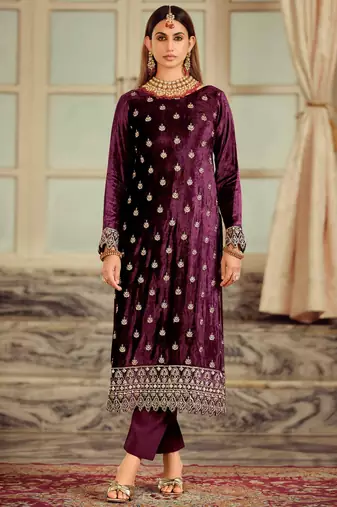  burgundy velvet embroidered dress material