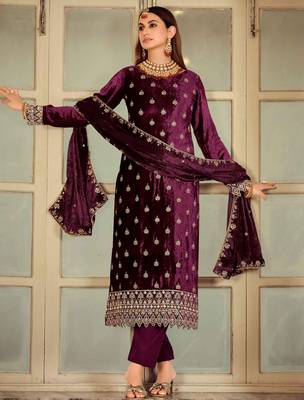  burgundy velvet embroidered dress material 3