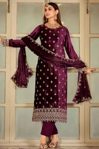  burgundy velvet embroidered dress material