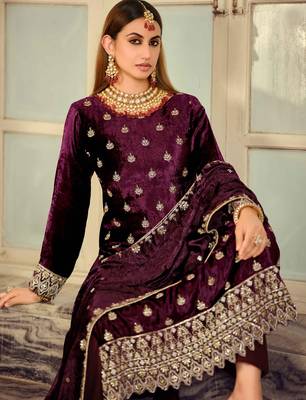  burgundy velvet embroidered dress material 4