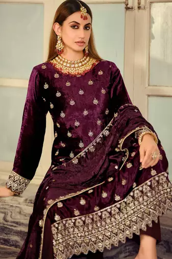  burgundy velvet embroidered dress material