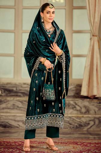 Stylee lifestyle teal velvet embroidered dress material