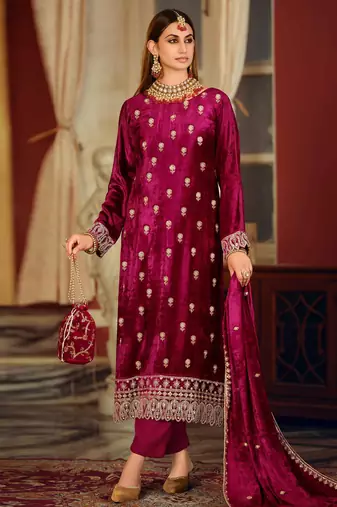 Stylee lifestyle magenta velvet embroidered dress material