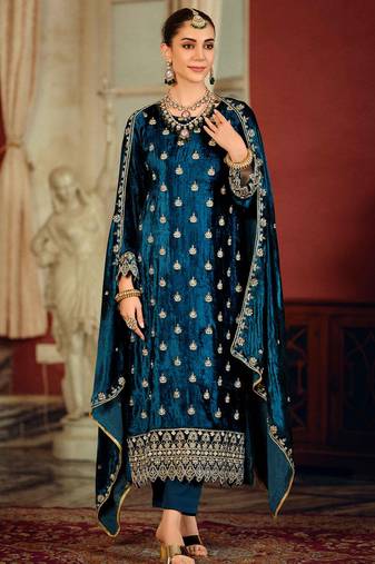 Stylee lifestyle navy blue velvet embroidered dress material