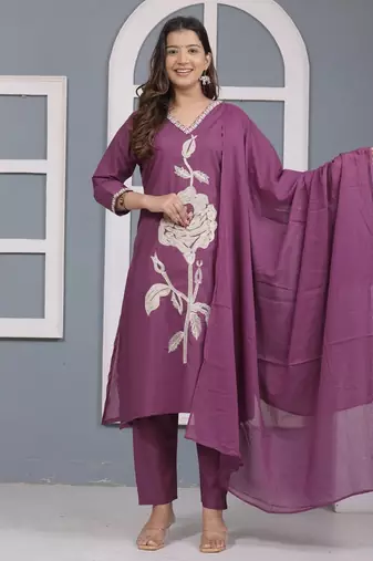 Floral embroidered purple v neck pure cotton kurta with trouser & dupatta set