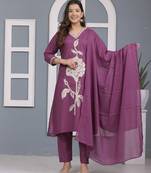 Floral embroidered purple v neck pure cotton kurta with trouser & dupatta set