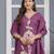 Floral embroidered purple v neck pure cotton kurta with trouser & dupatta set