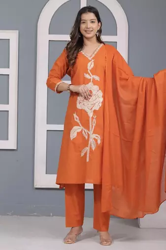 Floral embroidered orange v neck pure cotton kurta with trouser & dupatta set