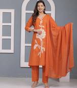 Floral embroidered orange v neck pure cotton kurta with trouser & dupatta set