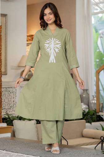 Floral embroidered sea green v neck cotton kurta & trouser