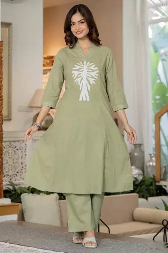 Floral embroidered sea green v neck cotton kurta & trouser