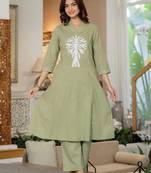 Floral embroidered sea green v neck cotton kurta & trouser