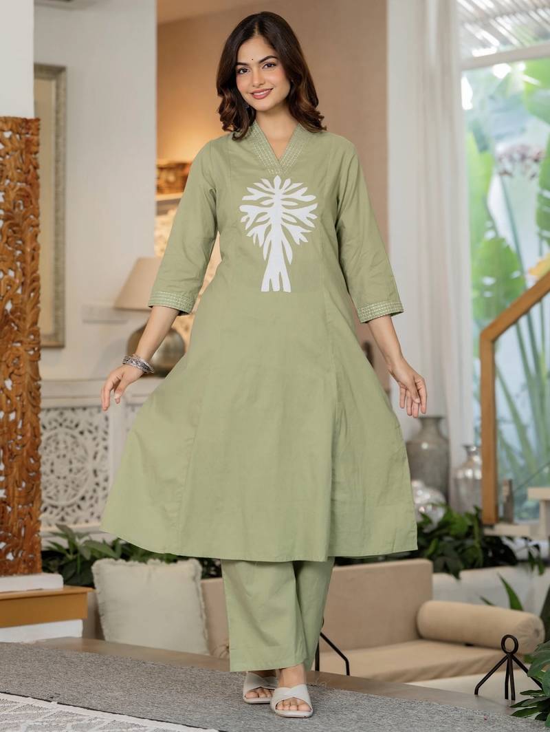 Floral embroidered sea green v neck cotton kurta & trouser