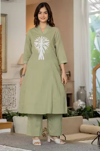 Floral embroidered sea green v neck cotton kurta & trouser