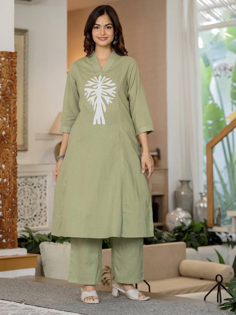 Floral embroidered sea green v neck cotton kurta & trouser
