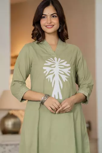 Floral embroidered sea green v neck cotton kurta & trouser