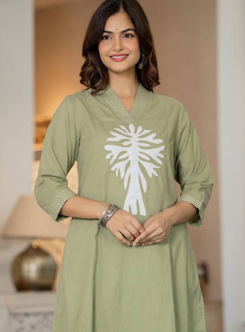 Floral embroidered sea green v neck cotton kurta & trouser