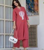 Floral embroidered pink v neck cotton kurta & trouser
