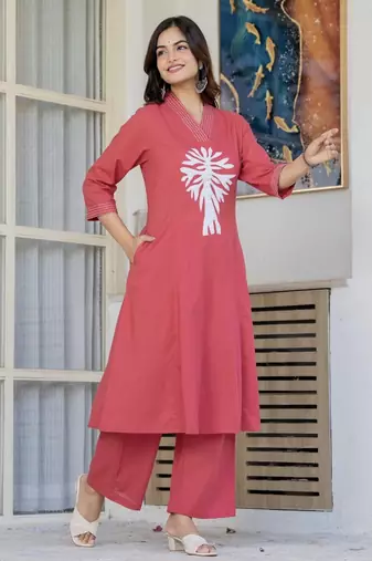Floral embroidered pink v neck cotton kurta & trouser