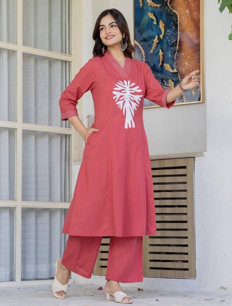 Floral embroidered pink v neck cotton kurta & trouser