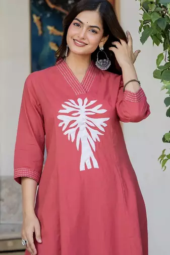 Floral embroidered pink v neck cotton kurta & trouser