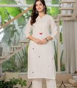 Floral embroidered white round neck cotton kurta & trouser
