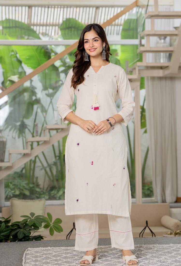 Floral embroidered white round neck cotton kurta & trouser