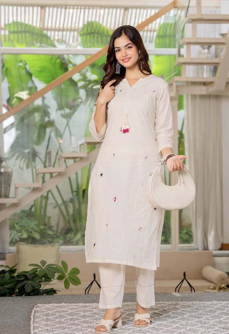 Floral embroidered white round neck cotton kurta & trouser