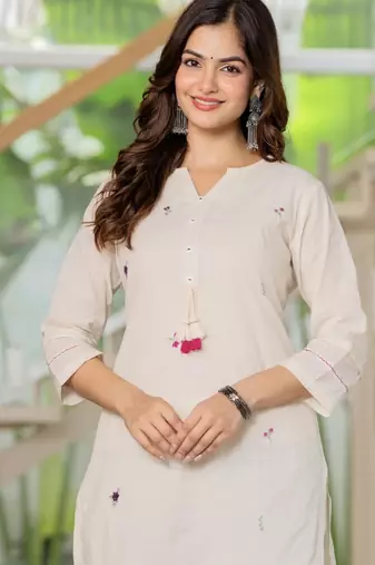 Floral embroidered white round neck cotton kurta & trouser