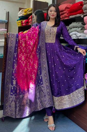 Floral embroidered blue v neck silk kurta with trouser & dupatta set