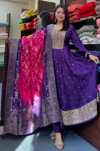 Floral embroidered blue v neck silk kurta with trouser & dupatta set