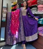 Floral embroidered blue v neck silk kurta with trouser & dupatta set