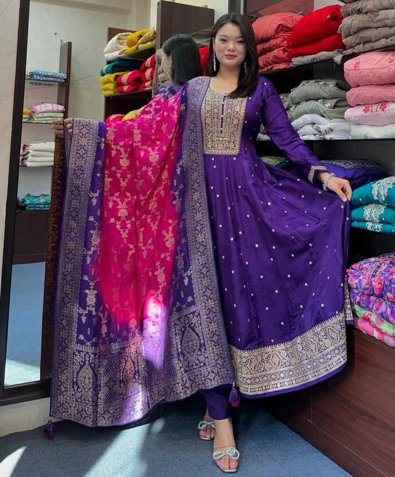 Floral embroidered blue v neck silk kurta with trouser & dupatta set