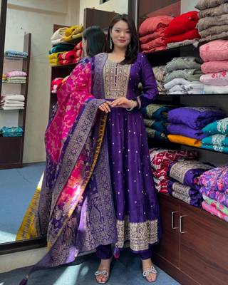 Floral embroidered blue v neck silk blend kurta with trouser & dupatta set 2