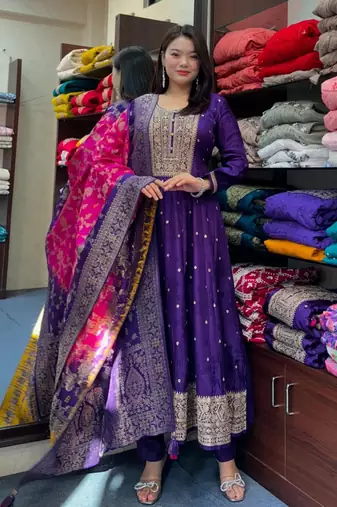 Floral embroidered blue v neck silk blend kurta with trouser & dupatta set