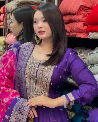 Floral embroidered blue v neck silk blend kurta with trouser & dupatta set 3