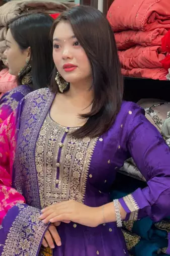 Floral embroidered blue v neck silk blend kurta with trouser & dupatta set