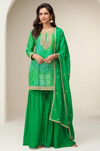 beautiful green chinon palazzo suit with bandhani print for women