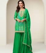 green chinon palazzo suit with bandhani print for women-Full Stitched free size