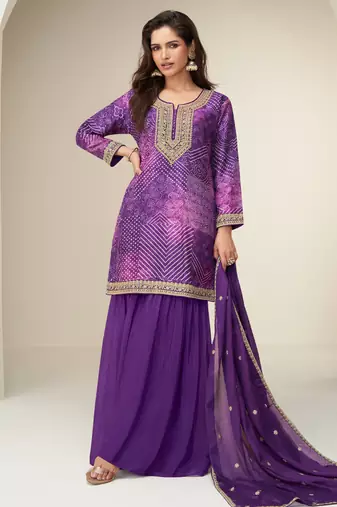 purple chinon palazzo suit with bandhani print for women-Full Stitched free size