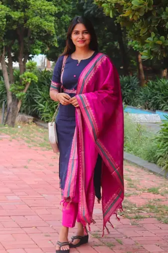 Floral printed blue round neck silk kurta with trouser & dupatta set