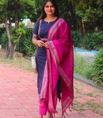 Floral printed blue round neck silk kurta with trouser & dupatta set