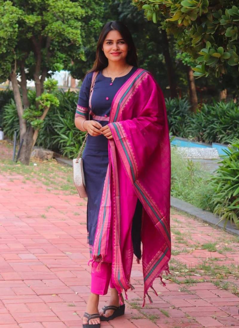 Floral printed blue round neck silk kurta with trouser & dupatta set