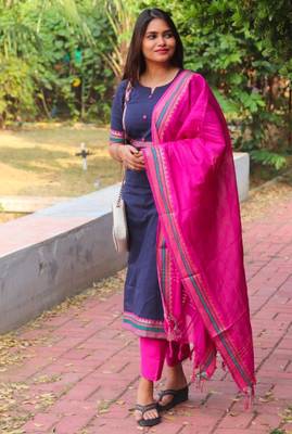Floral printed blue round neck silk blend kurta with trouser & dupatta set 2