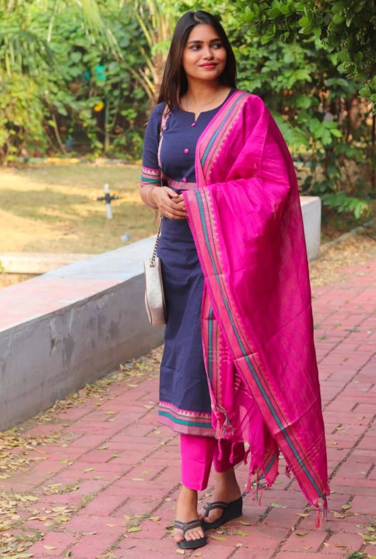 Floral printed blue round neck silk kurta with trouser & dupatta set