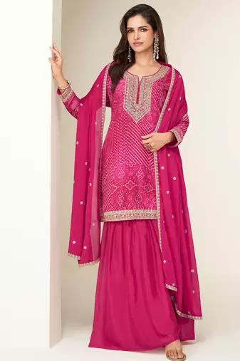 pink chinon palazzo suit with bandhani print for women-Full Stitched free size